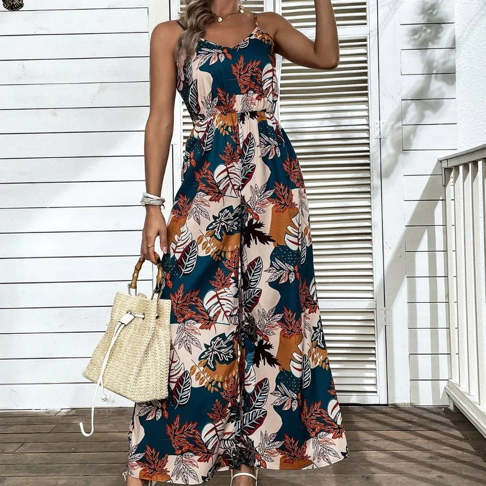 New Tropical Print Shirred Wide Leg Cami Jumpsuit Handmade - Picture 2 of 6